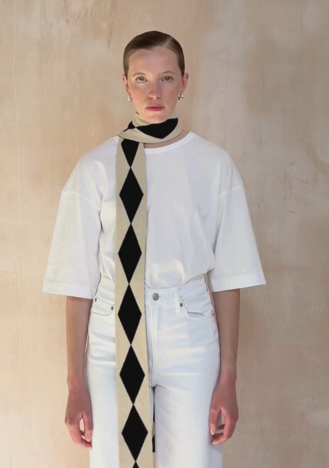 Merino Wool Skinny Scarf in Black Harlequin