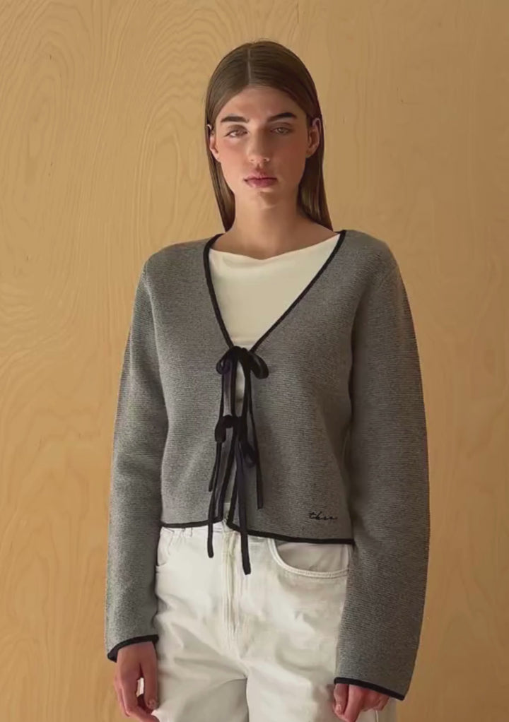 Merino Wool Tie Cardigan in Grey