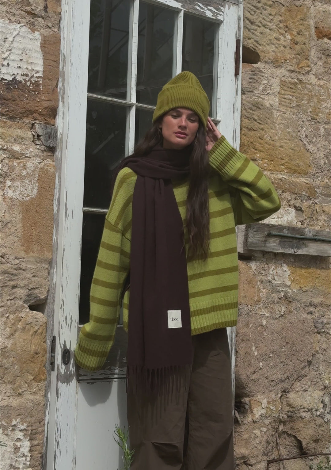 Pull en Laine Mérinos à Col Rond et Rayures Vertes