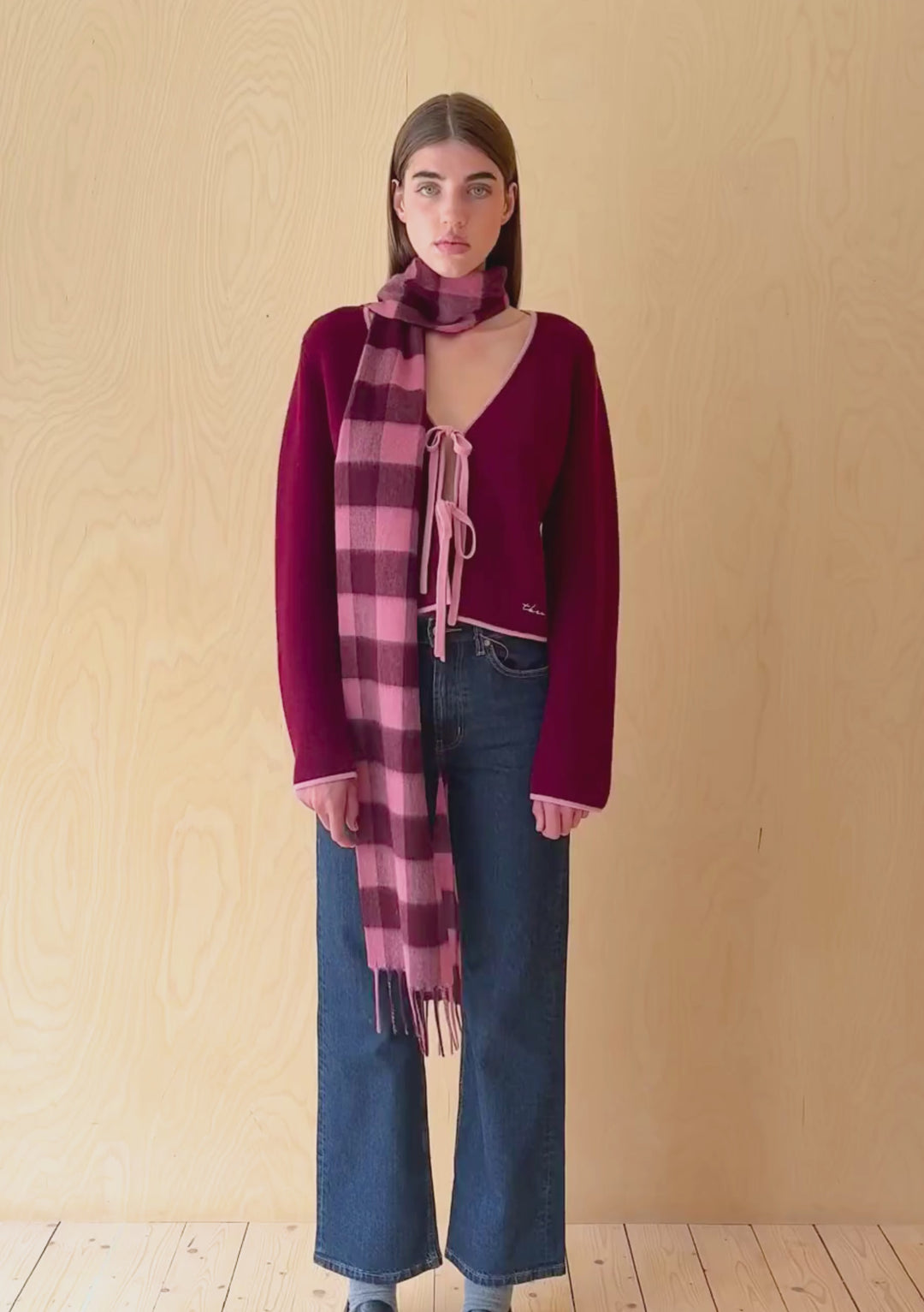 Lambswool Skinny Scarf in Berry Gingham