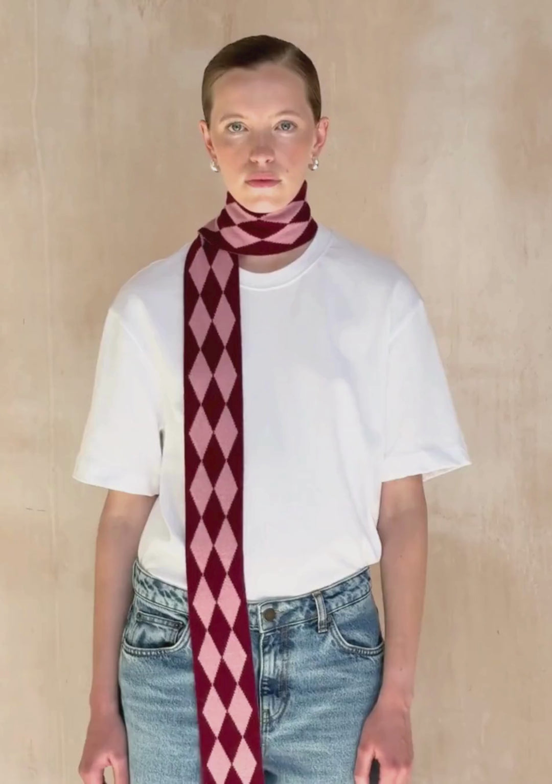 Merino Wool Skinny Scarf in Burgundy Harlequin