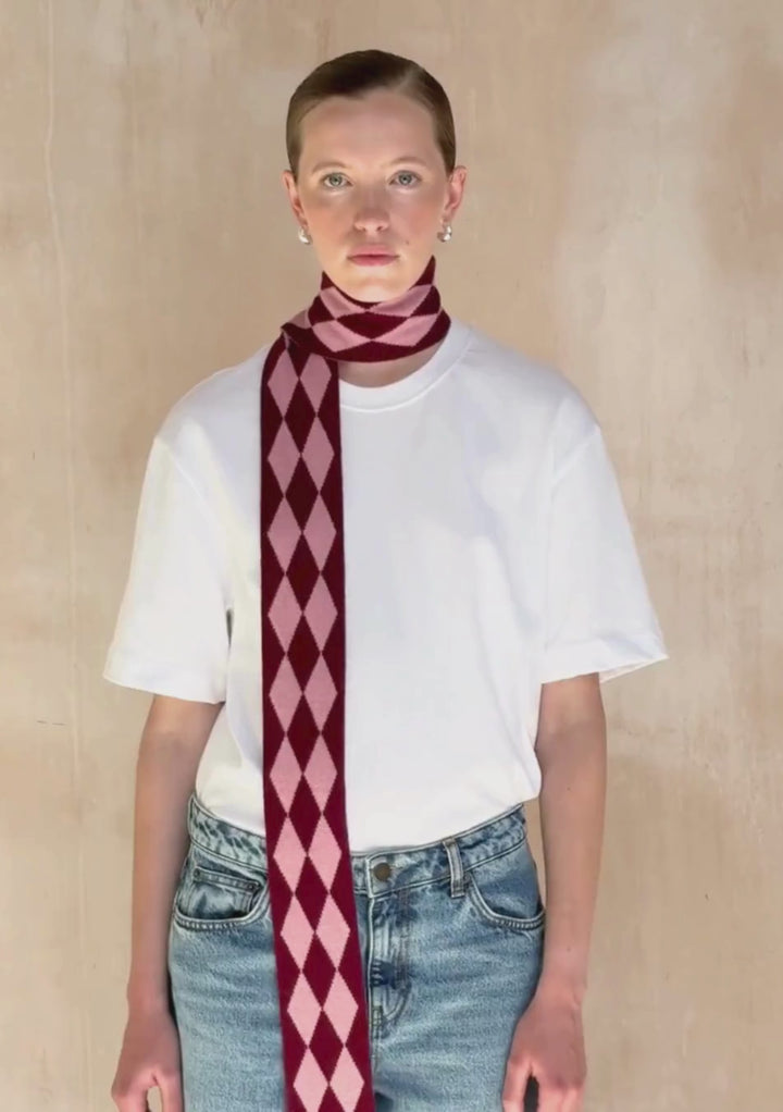 Merino Wool Skinny Scarf in Burgundy Harlequin