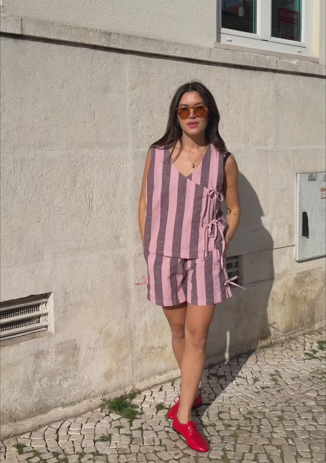 Cotton Tie Shorts in Pink & Burgundy Stripe